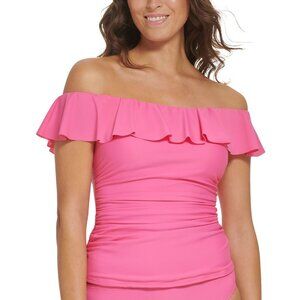 Tommy Hilfiger Pink Ruffled Off-The-Shoulder Removable-Strap Tankini Top XS